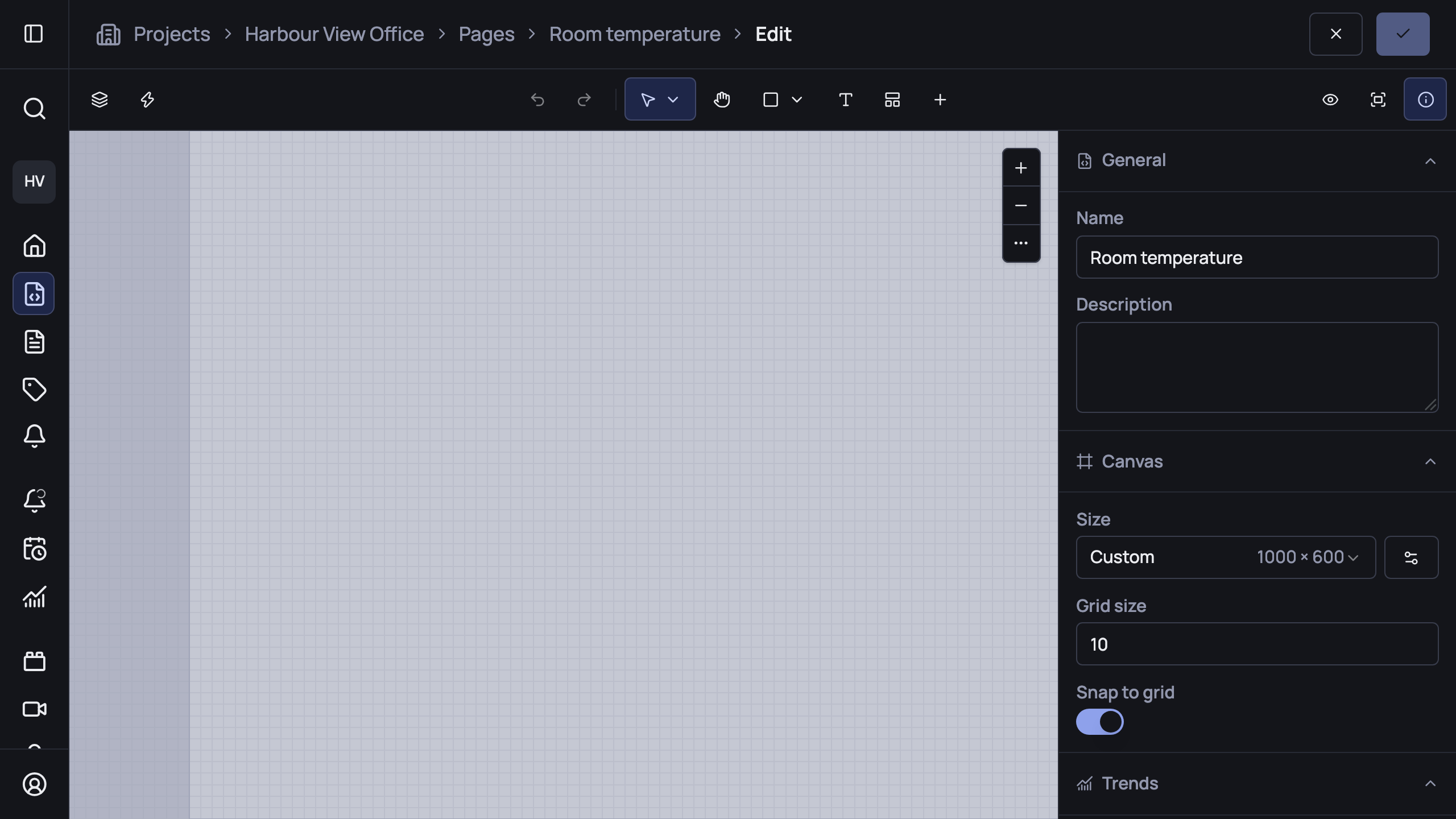 The page editor with an empty canvas, the toolbar above and the properties panel to the right.