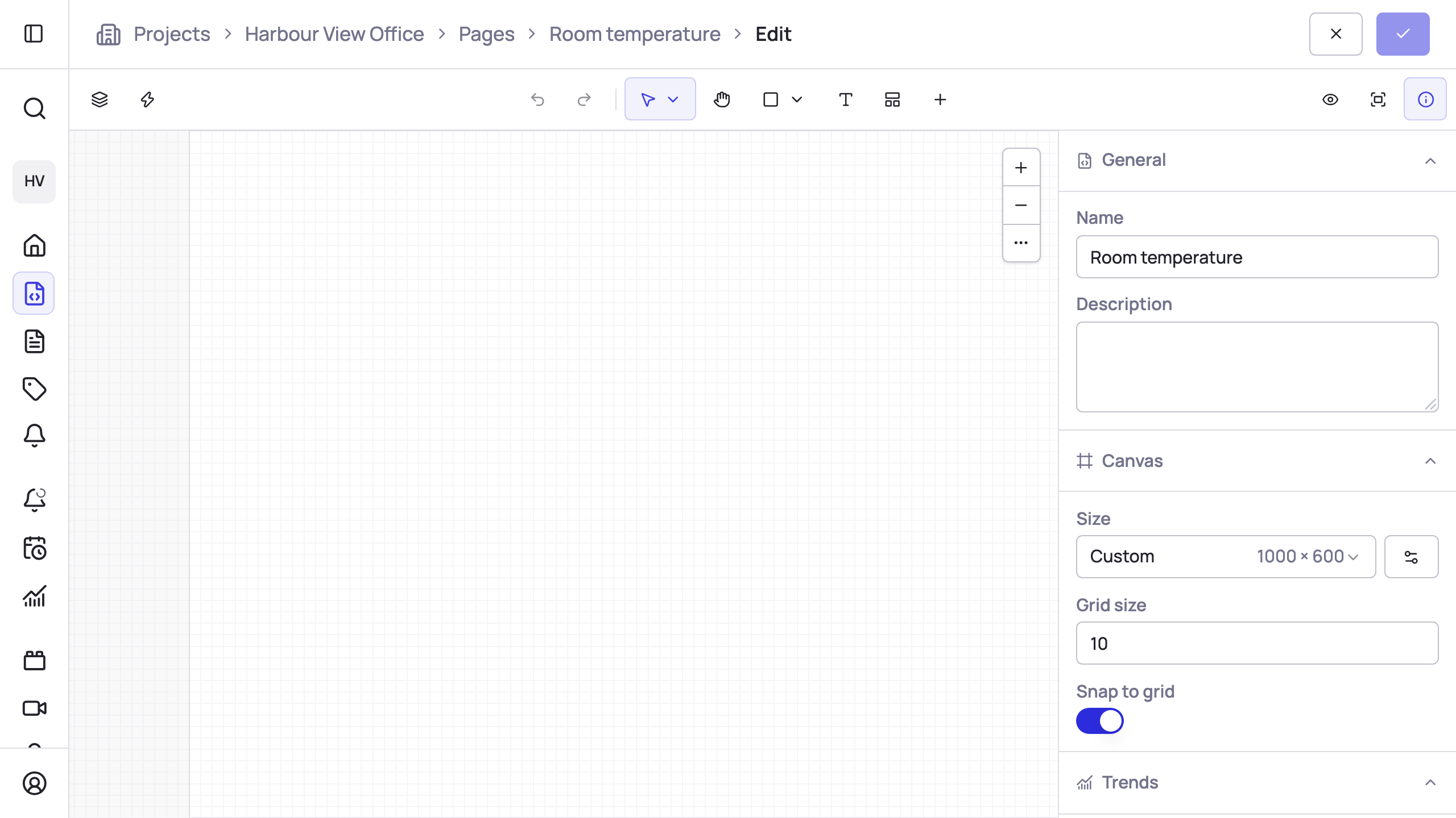 The page editor with an empty canvas, the toolbar above and the properties panel to the right.