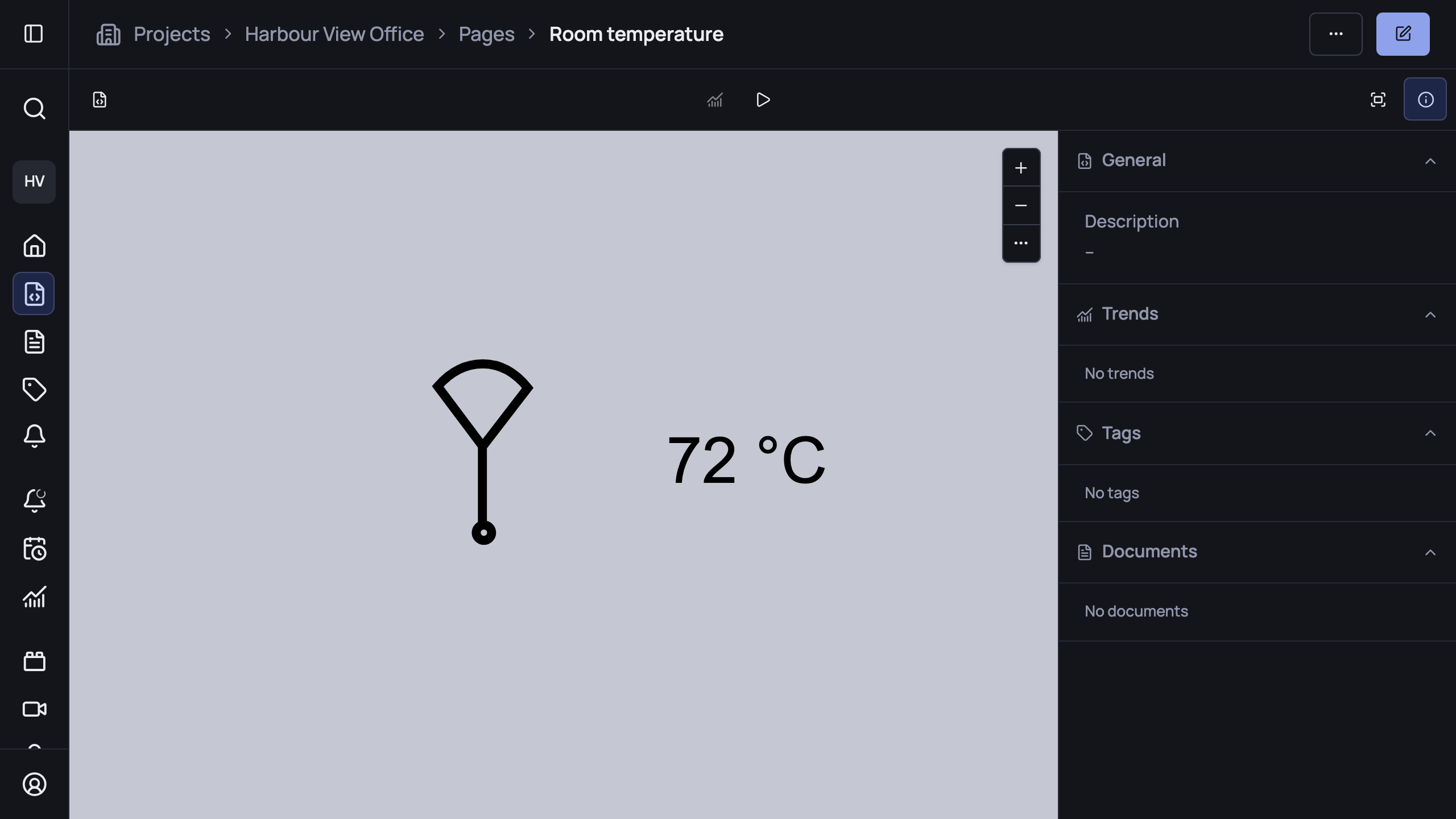The finished page in view mode: the sensor symbol with a live 72 °C reading beside it.