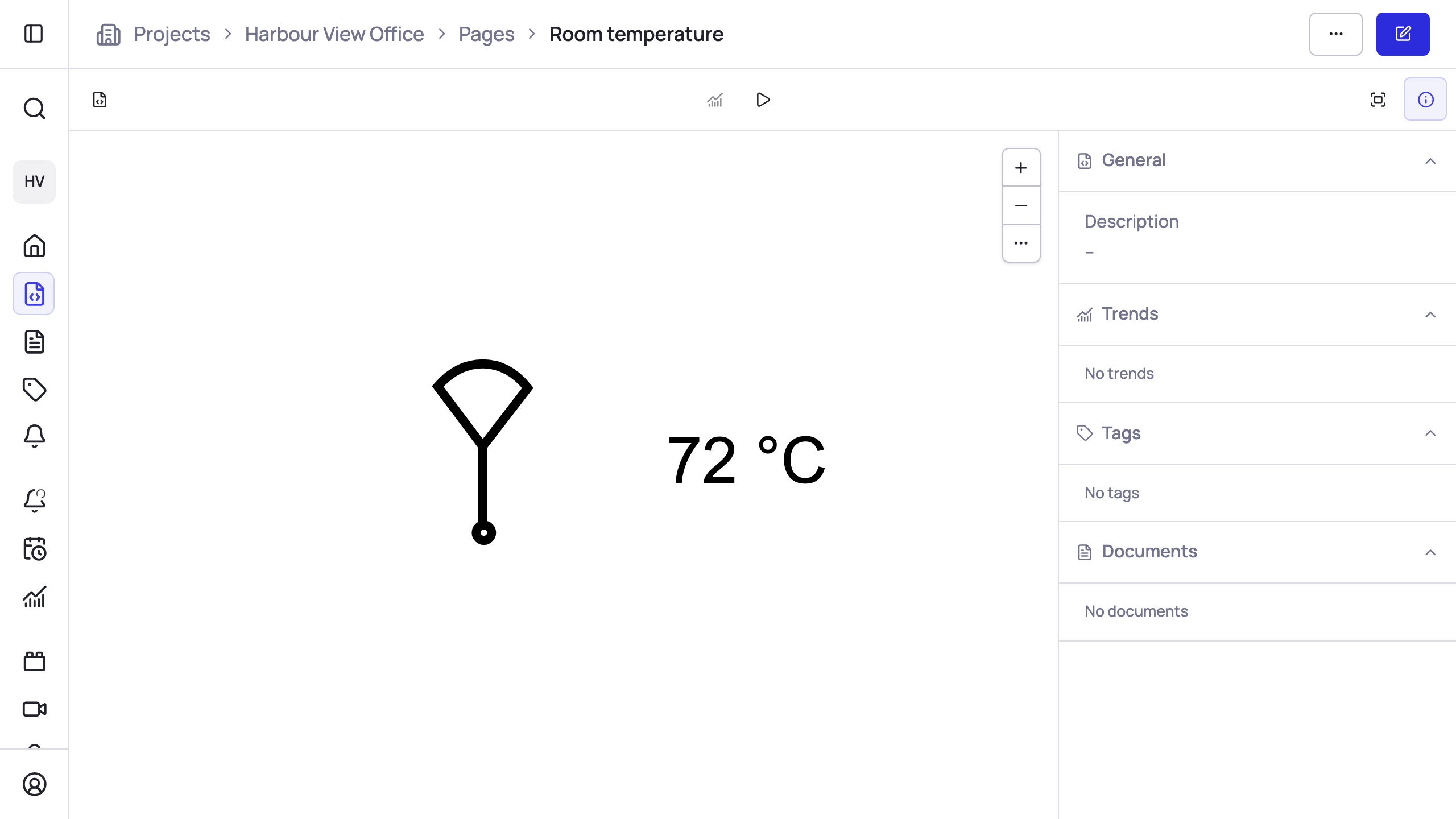 The finished page in view mode: the sensor symbol with a live 72 °C reading beside it.