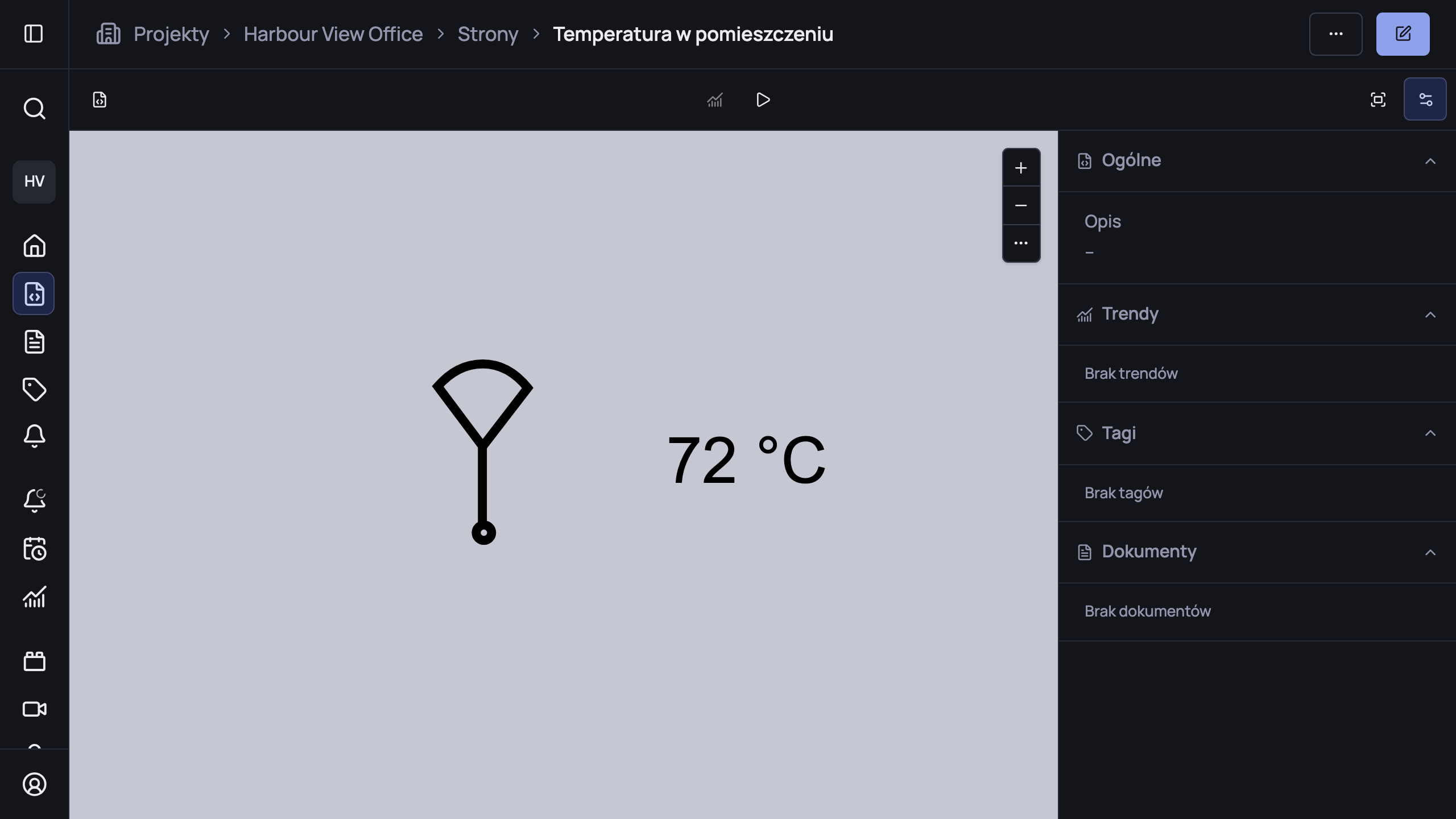 Gotowa strona w trybie wyświetlania: symbol czujnika z bieżącym odczytem 72 °C obok.