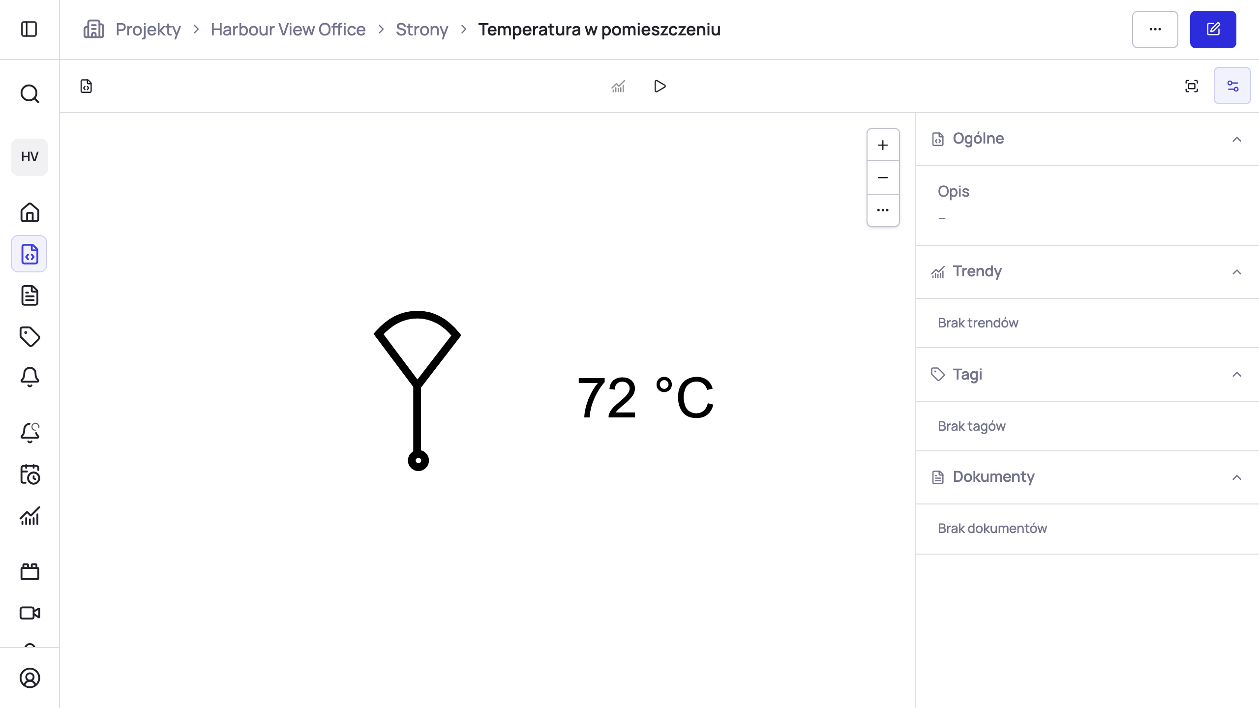 Gotowa strona w trybie wyświetlania: symbol czujnika z bieżącym odczytem 72 °C obok.