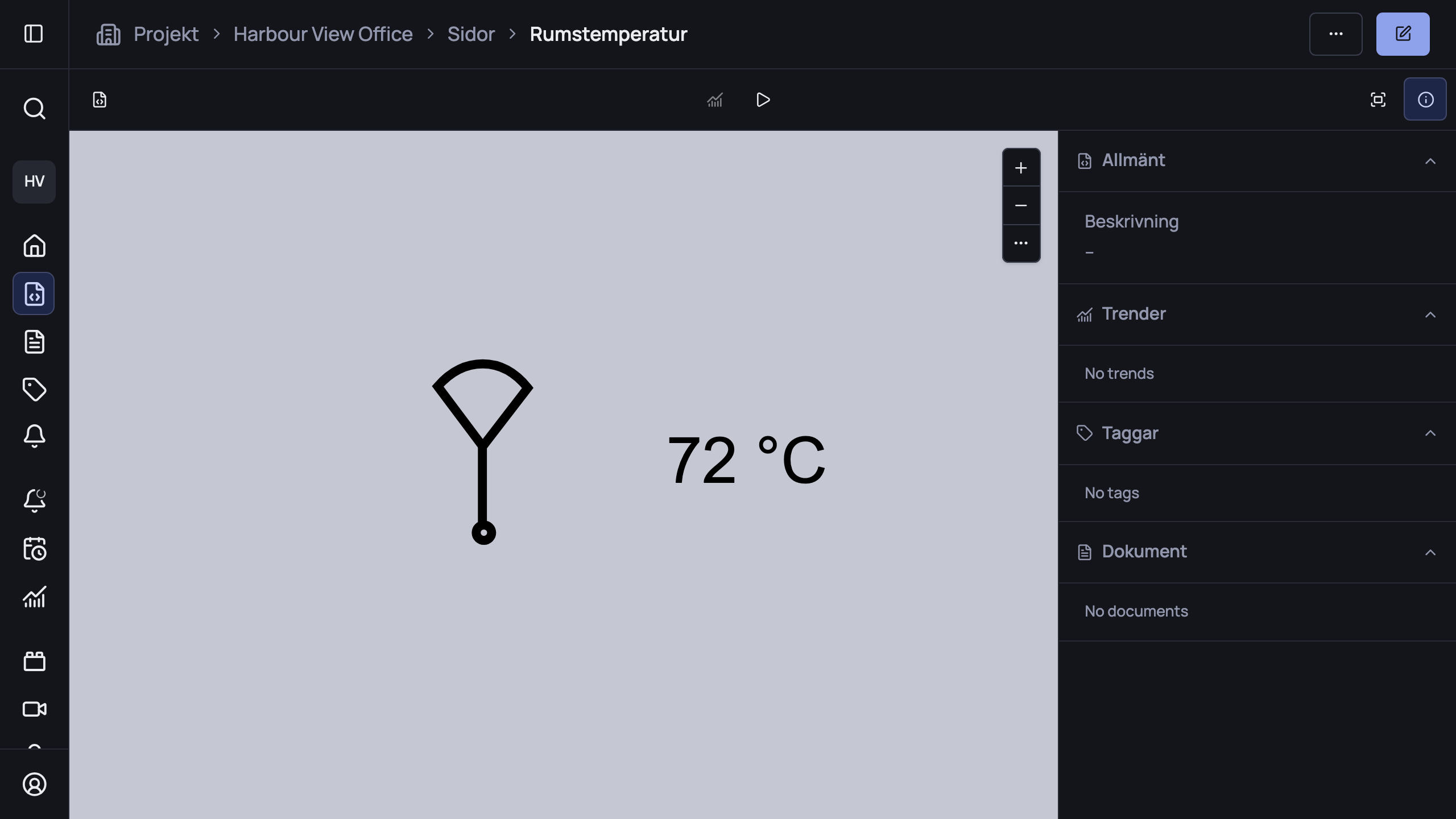 Den färdiga sidan i visningsläge: sensorsymbolen med en live-avläsning på 72 °C bredvid.